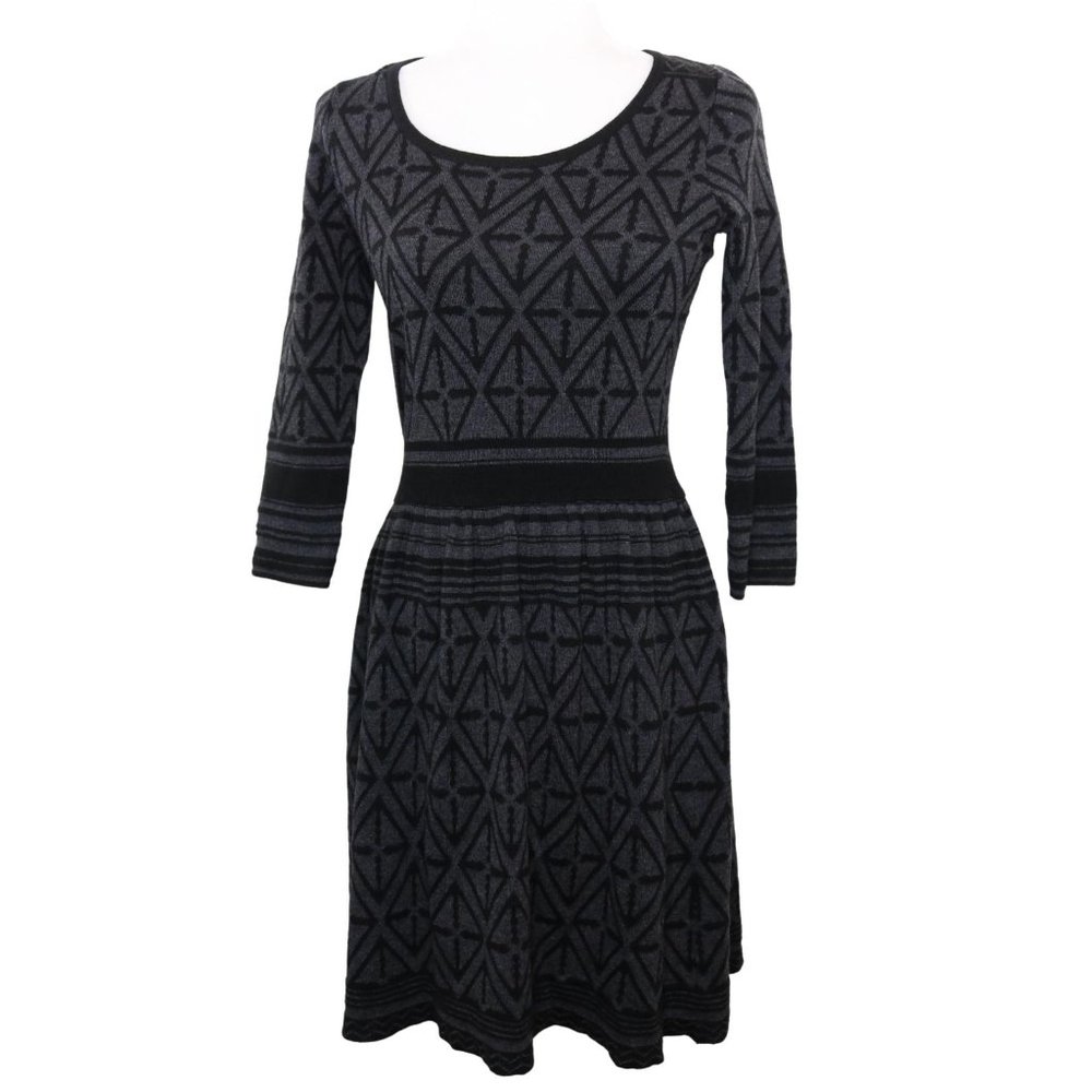 Calvin Klein Sweater Dress Dark Gray Black Geometric A-Line 3/4 Sleeves